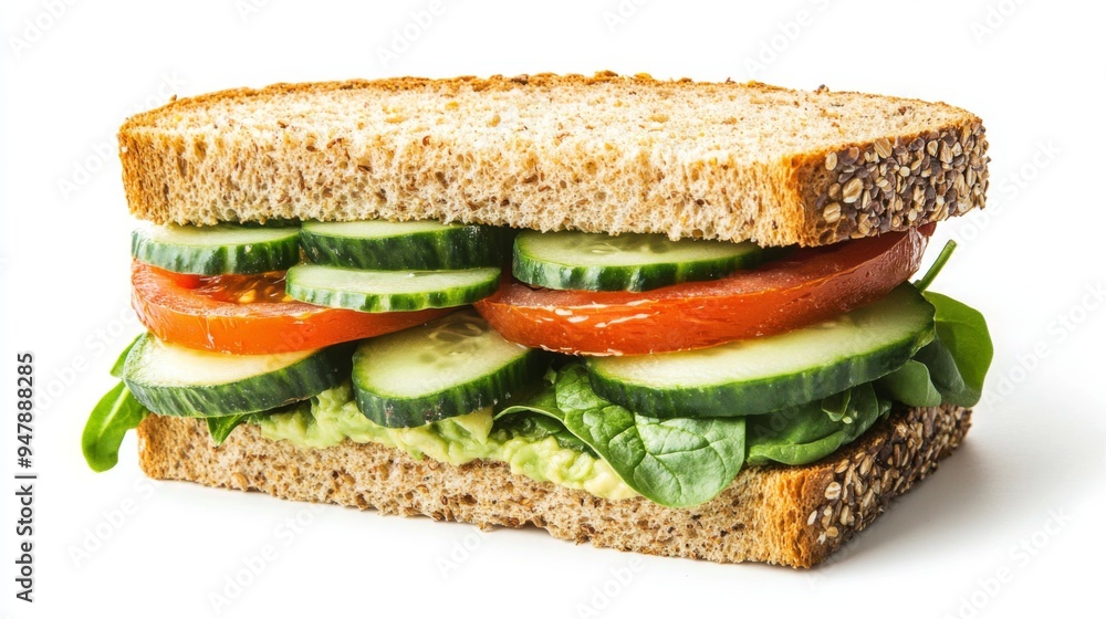 A vibrant veggie sandwich loaded with avocado, cucumber, tomato, and spinach, served on multigrain bread, presented on a white background. A vibrant veggie sandwich loaded with avocado, cucumber, tomato, and spinach, served on multigrain bread, presented on a white background.
