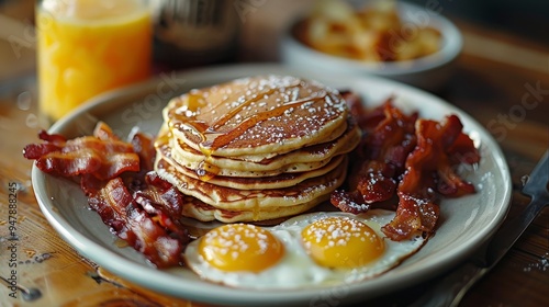 A plate of pancakes, bacon, fried eggs, and a glass of orange juice. A classic breakfast meal.