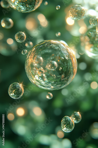 Floating droplets of mineral water in a soft pastel green background, photo