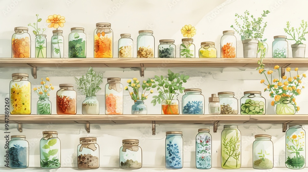 A rustic shelf filled with glass jars containing various herbs and flowers.  The jars are arranged in a visually appealing pattern.