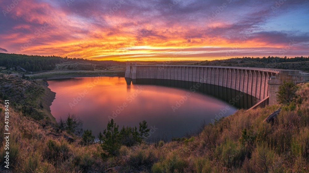 A wide-angle shot of a large dam at sunset, with the reservoir reflecting the vibrant colors of the sky and the dam illuminated in the golden light. A wide-angle shot of a large dam at sunset, with the reservoir reflecting the vibrant colors of the sky and the dam illuminated in the golden light.