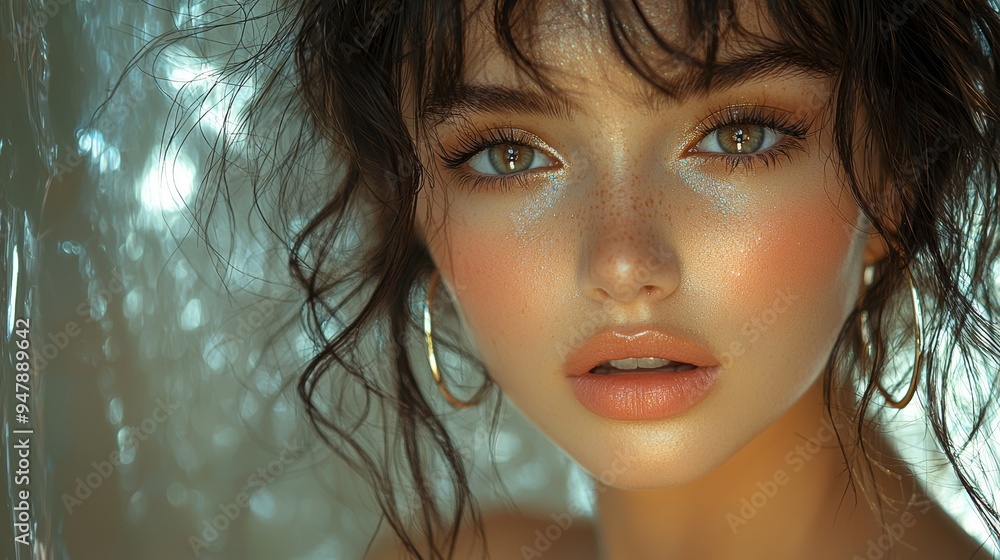 Stunning portrait of a woman with glamorous makeup and sparkling eyes Stunning portrait of a woman with glamorous makeup and sparkling eyes