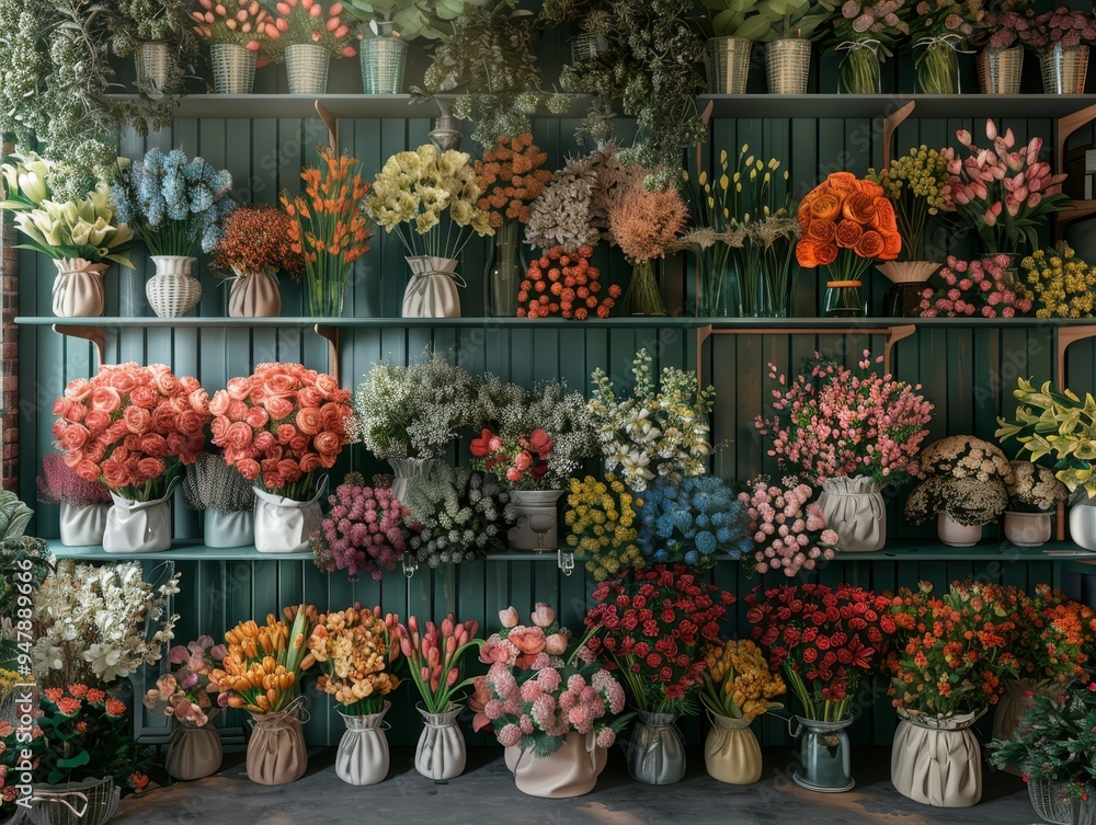 A rustic wooden shelf overflowing with colorful bouquets of fresh flowers in vintage vases. A rustic wooden shelf overflowing with colorful bouquets of fresh flowers in vintage vases.