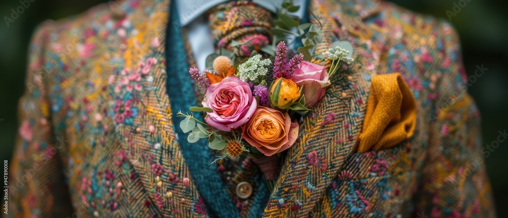 Obraz premium Groom or best man wearing a stylish suit with a colorful floral boutonniere at a wedding.
