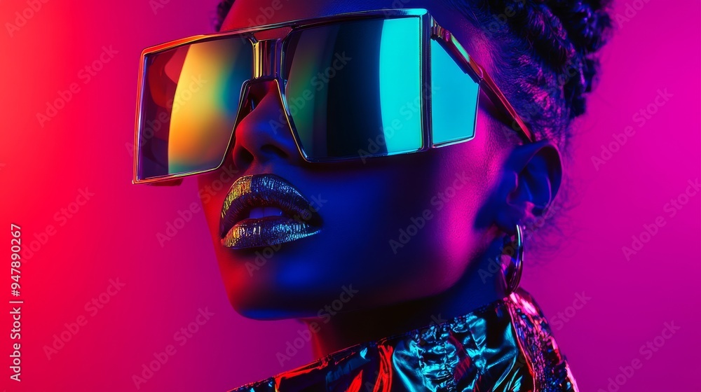 Fashion model wearing sunglasses with neon lighting reflecting Fashion model wearing sunglasses with neon lighting reflecting