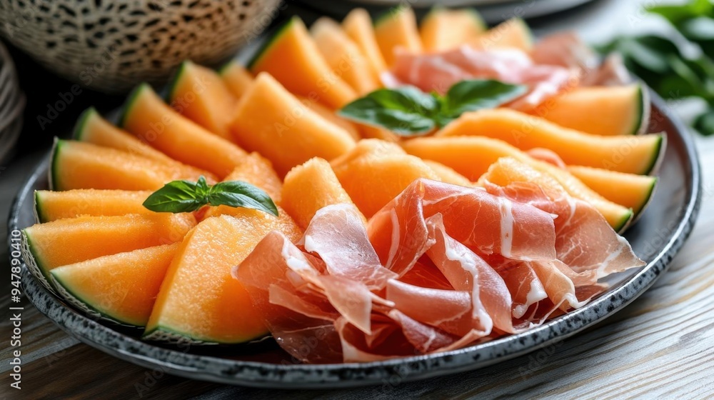 Juicy cantaloupe slices, vibrant orange, served on a platter with prosciutto, fresh and sweet Juicy cantaloupe slices, vibrant orange, served on a platter with prosciutto, fresh and sweet