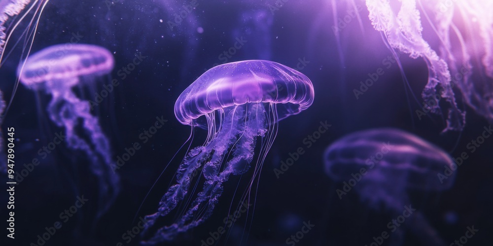 A group of jellyfish floating gracefully in the dark purple underwater, dreamy atmosphere A group of jellyfish floating gracefully in the dark purple underwater, dreamy atmosphere