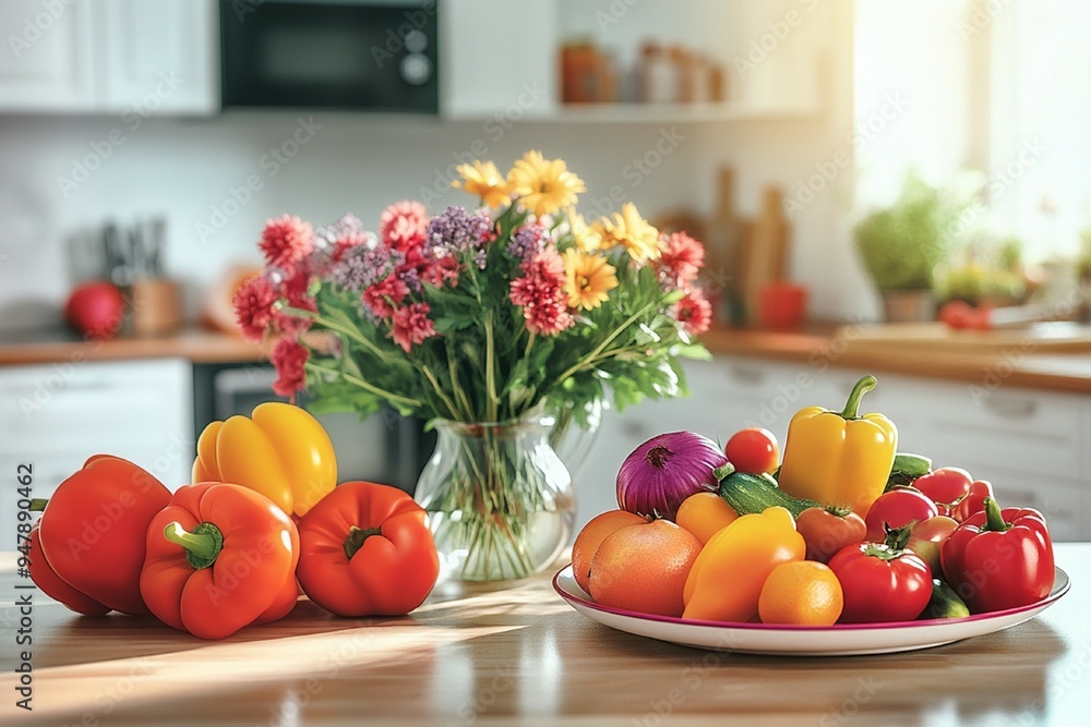 Vibrant Kitchen: Fresh Vegetables and Flowers in a Sunlit Space Vibrant Kitchen: Fresh Vegetables and Flowers in a Sunlit Space