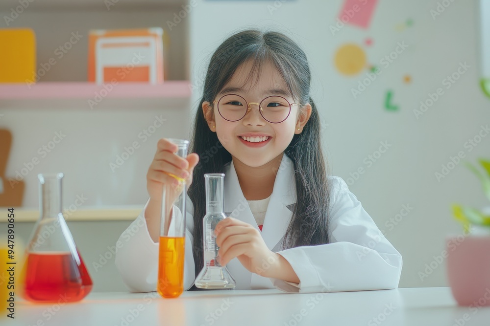 An adorable little girl holds a microscope and a laboratory bottle of water. Science education concept. An adorable little girl holds a microscope and a laboratory bottle of water. Science education concept.