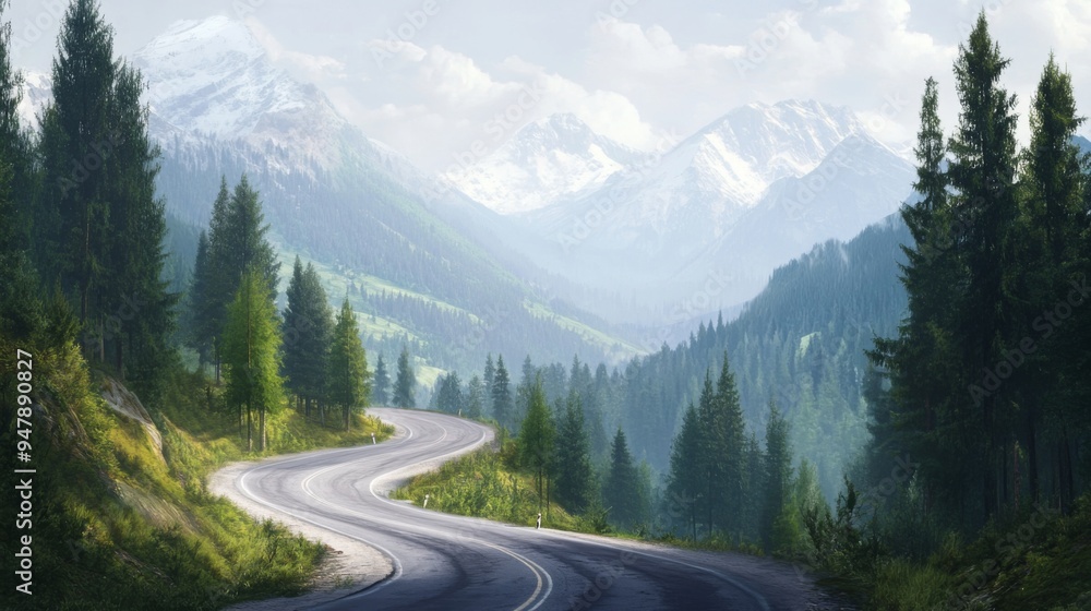A winding mountain road with dramatic curves, framed by towering trees and distant mountain peaks, capturing the adventurous spirit of driving through nature. A winding mountain road with dramatic curves, framed by towering trees and distant mountain peaks, capturing the adventurous spirit of driving through nature.
