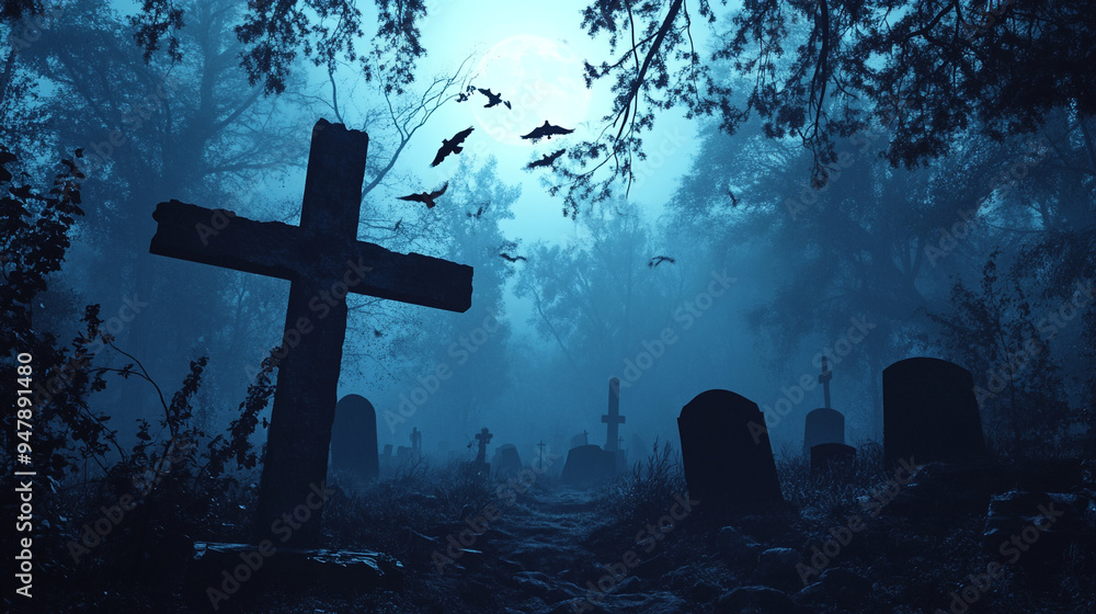 Cemetery with moonlight and fog cloudy sky. Halloween concept. Cemetery with moonlight and fog cloudy sky. Halloween concept.