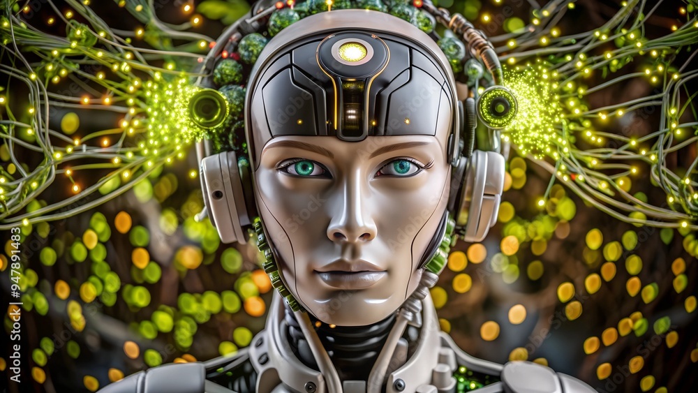 Artificial intelligence brain concept, Female robot face. Generative AI Artificial intelligence brain concept, Female robot face. Generative AI