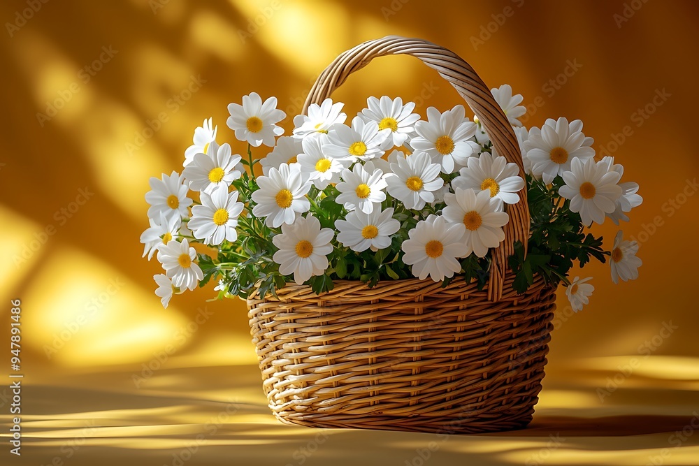 A wicker basket filled with white daisies on a yellow background. A wicker basket filled with white daisies on a yellow background.