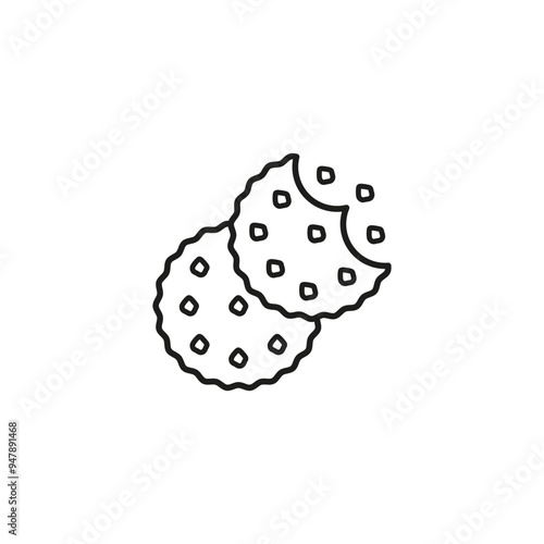 Bitten cookies with crumbs. Round cookie icon. Biscuit and cracker symbol. Outline vector illustration on white background. 