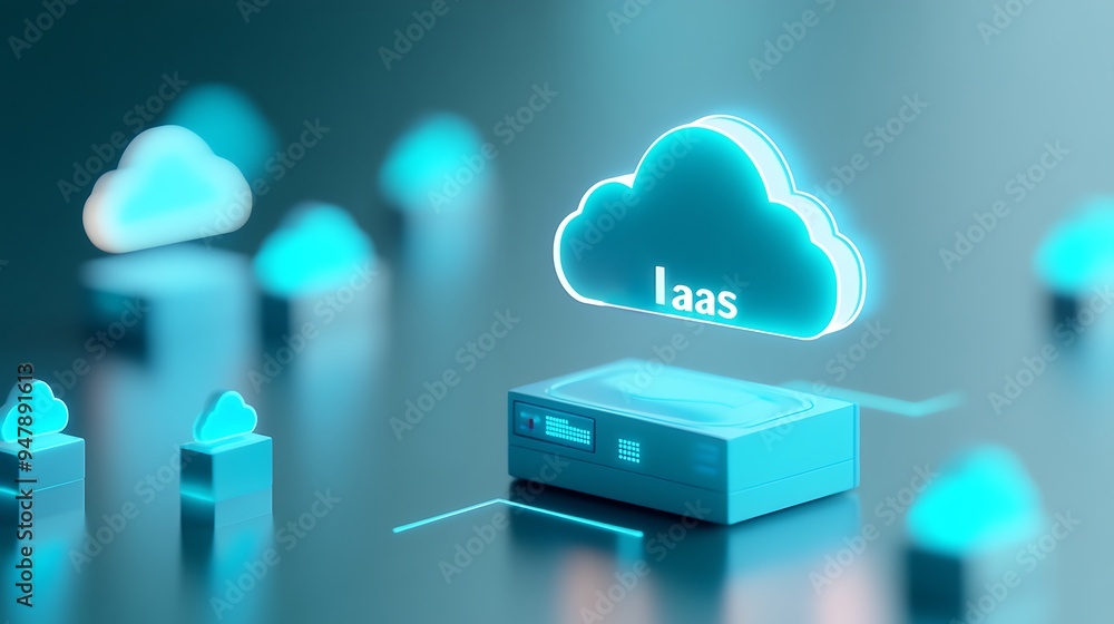 Abstract 3D rendering of Infrastructure as a Service (IaaS) concept with glowing cloud icons on a blue background. Abstract 3D rendering of Infrastructure as a Service (IaaS) concept with glowing cloud icons on a blue background.