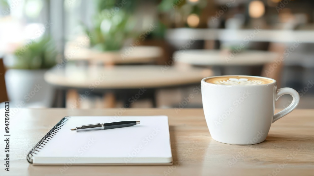 Blank journal with a pen on a cozy coffee shop table, creativity and productivity concept Blank journal with a pen on a cozy coffee shop table, creativity and productivity concept