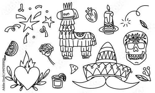 Beautiful vector doodle illustration, skull, flowers, Mexican heart, Pinata, sombrero with mustache, tequila, lime. Dedicated to the Mexican holiday of May 5th Cinco De Mayo. Vector template