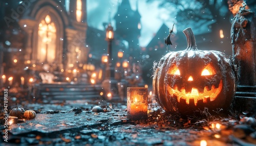 Halloween Night. Spooky Jack O Lantern Outside with Decorated Houses. Autumn Holiday Concept.