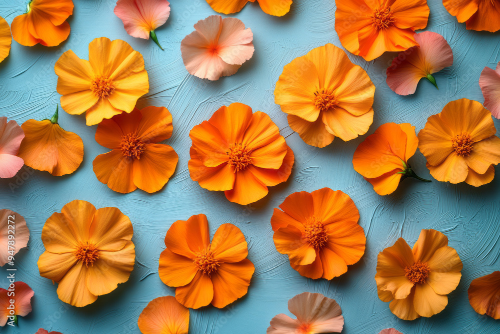 Fragmented marigold petals scattering across a light pastel blue surface, Fragmented marigold petals scattering across a light pastel blue surface,