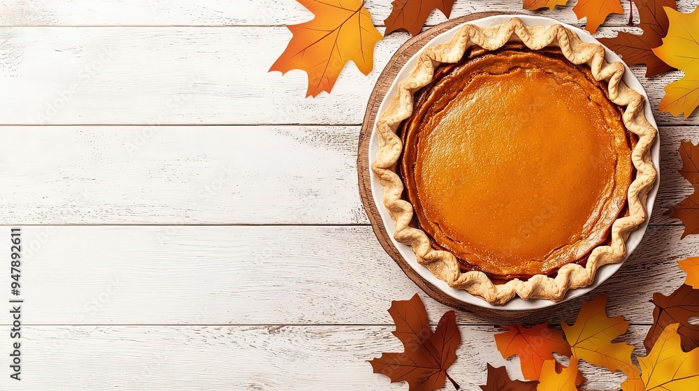 Delicious pumpkin pie surrounded by autumn leaves on a rustic wooden table, perfect for fall celebrations and festive gatherings. Delicious pumpkin pie surrounded by autumn leaves on a rustic wooden table, perfect for fall celebrations and festive gatherings.