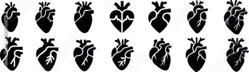 Anatomical heart vector silhouette icon set. heartbeat, cardiovascular, anatomy, medical, health, cardiology illustration, biology, organ, human heart collection
