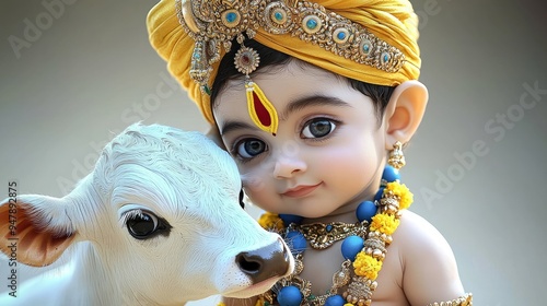 Baby Krishna with Sacred Cow, Divine Love and Innocence photo