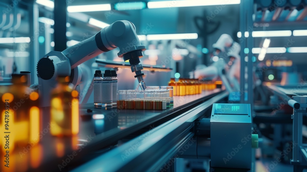 Precision in Motion Robotic Arms Packaging Pharmaceuticals with Surgical Precision in a Clean Industrial Setting Precision in Motion Robotic Arms Packaging Pharmaceuticals with Surgical Precision in a Clean Industrial Setting