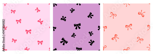 Seamless pattern with ribbon bows on pink, purple and red backgrounds vector.