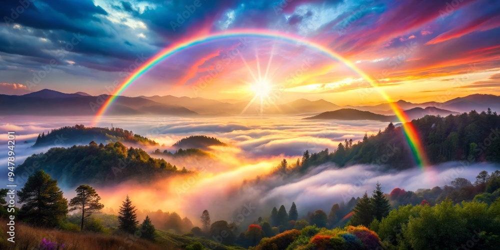 Vibrant surreal landscape misty foggy valleys dawn mist with iridescent rainbow burst kaleidoscope colors refractions shimmering lights ethereal dreamy whimsical airbrushed style soft focus Vibrant surreal landscape misty foggy valleys dawn mist with iridescent rainbow burst kaleidoscope colors refractions shimmering lights ethereal dreamy whimsical airbrushed style soft focus