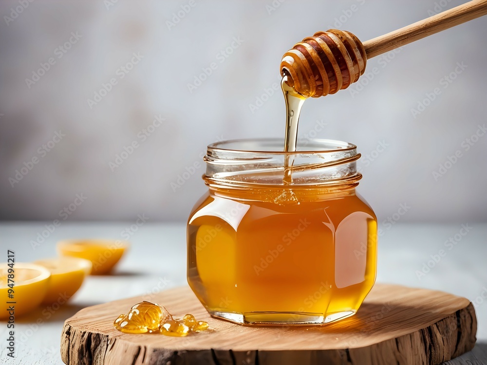 Photo of one piece of pure honey with a wooden honey spoon Photo of one piece of pure honey with a wooden honey spoon