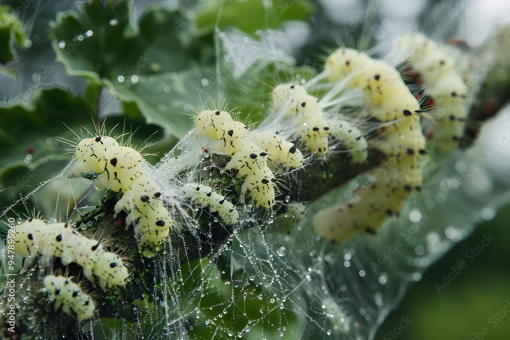 Fototapeta premium Caterpillars Nestled in Webs on a Leafy Branch