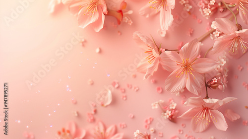 Soft pink cherry blossoms scattered delicately against a gentle pastel background, creating a serene and calming atmosphere in springtime