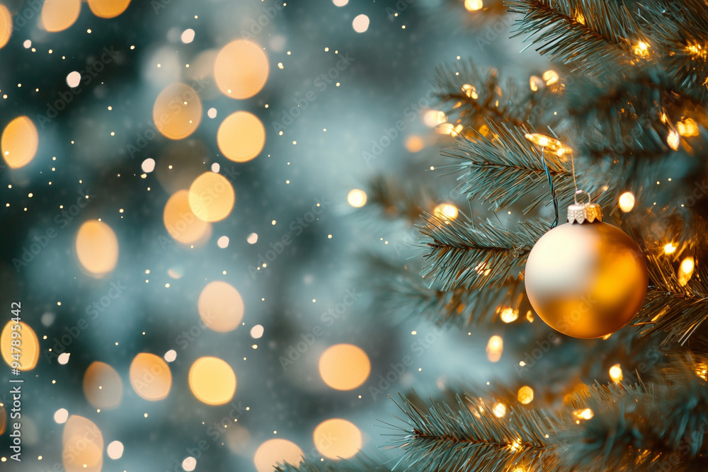 Christmas tree with many red and gold ornaments. The tree is lit up with lights and the background is blurry Christmas tree with many red and gold ornaments. The tree is lit up with lights and the background is blurry