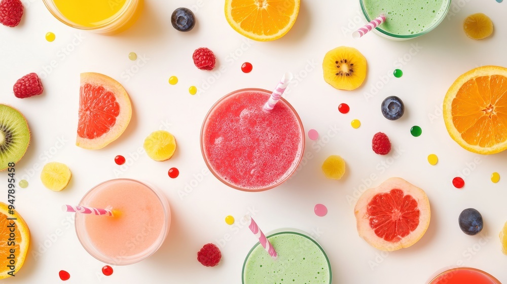 An enticing display of various fruits and refreshing beverages arranged beautifully on a bright white surface, perfect for summer gatherings An enticing display of various fruits and refreshing beverages arranged beautifully on a bright white surface, perfect for summer gatherings