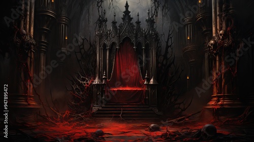 A dark and eerie throne room adorned with red accents, evoking a sense of mystery and foreboding.