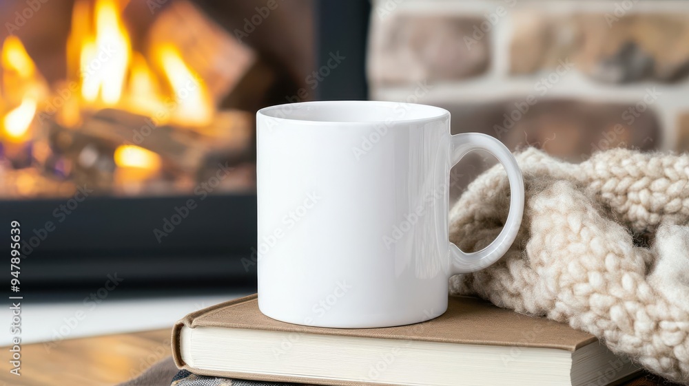Plain white mug on a stack of cozy books, warm and inviting home setting Plain white mug on a stack of cozy books, warm and inviting home setting