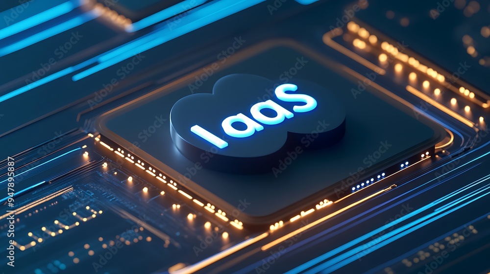 Close-up of IaaS (Infrastructure as a Service) icon on a digital motherboard, representing cloud computing technology. Close-up of IaaS (Infrastructure as a Service) icon on a digital motherboard, representing cloud computing technology.