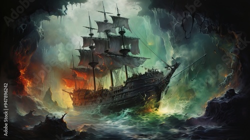 A majestic pirate ship navigating through a mystical cave filled with vibrant colors and dramatic waves.