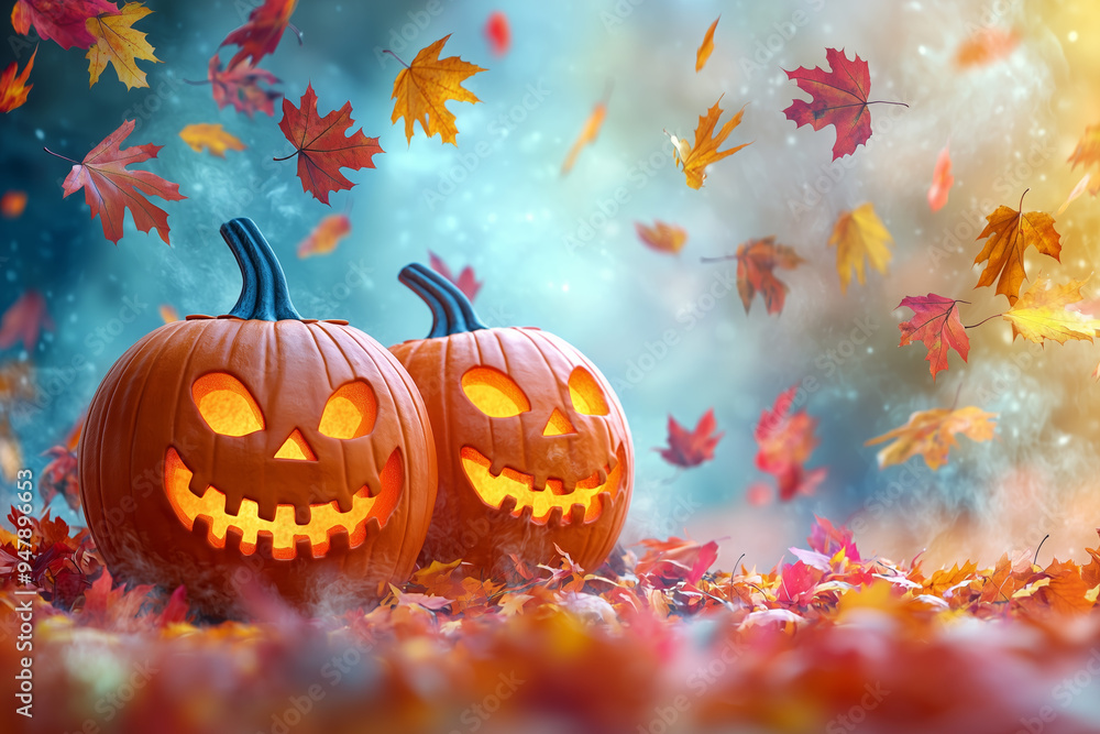 Spooky Halloween Pumpkins with Autumn Leaves Spooky Halloween Pumpkins with Autumn Leaves