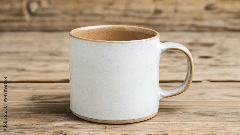 Simple ceramic mug on a rustic wooden table, cozy and inviting home setting Simple ceramic mug on a rustic wooden table, cozy and inviting home setting