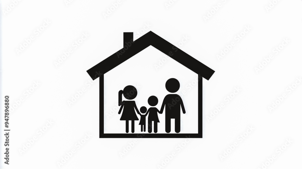 Black-and-white icon of a family in a house with bold lines. Black-and-white icon of a family in a house with bold lines.