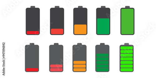 Set of vertical battery level indicators in percentage vector. Battery indicator symbols. 0-100 percent.