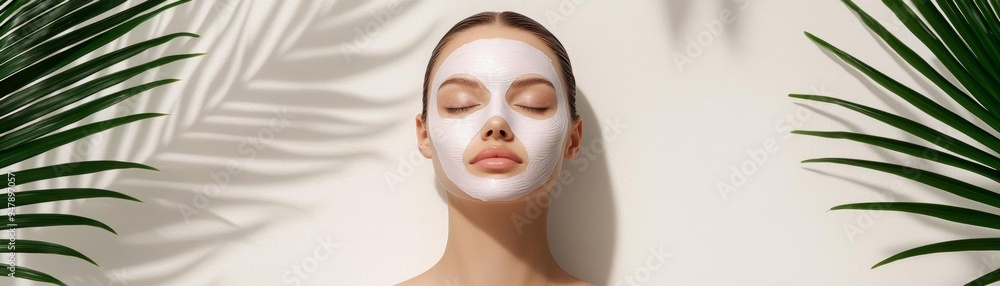 A beautiful woman with fresh skin, using a sheet mask in a tranquil home setting A beautiful woman with fresh skin, using a sheet mask in a tranquil home setting