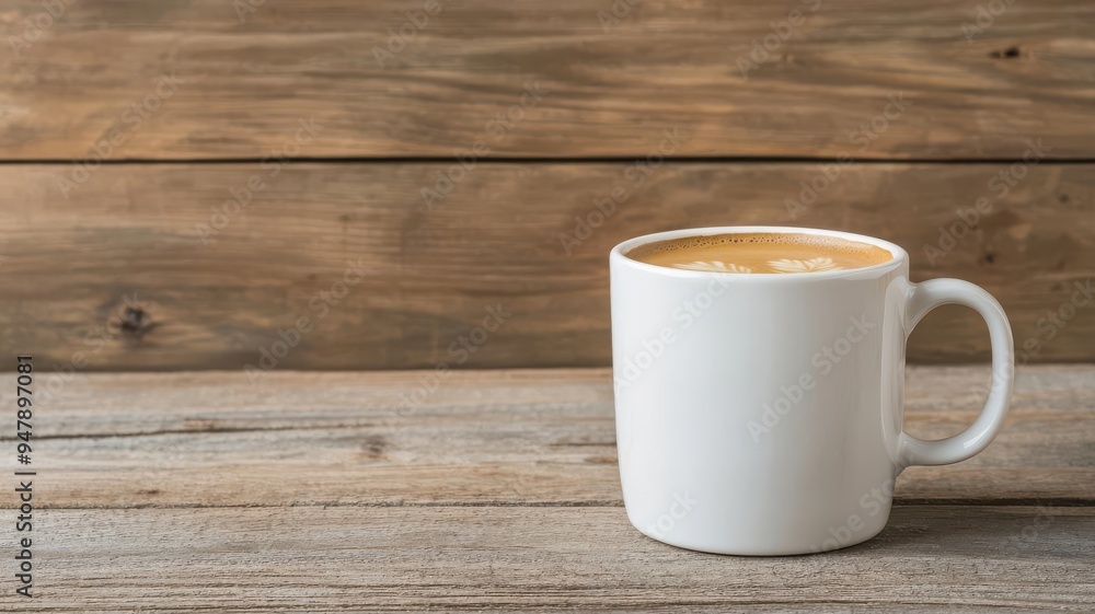 Simple coffee cup with customizable logo, placed on a rustic wooden surface, morning vibe concept Simple coffee cup with customizable logo, placed on a rustic wooden surface, morning vibe concept