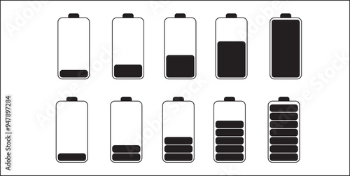 Set of vertical battery level indicators in percentage vector. Battery indicator symbols. 0-100 percent.