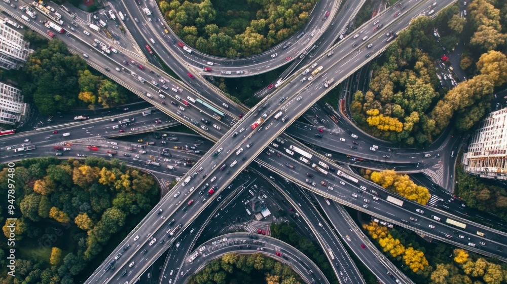 An aerial view of a major highway interchange with heavy traffic, showcasing the complexity of road transportation and traffic management. An aerial view of a major highway interchange with heavy traffic, showcasing the complexity of road transportation and traffic management.