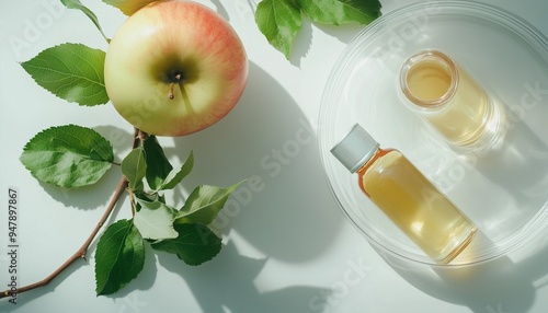 Glass bottle serum blank container with apple oil extract in glass plate photo