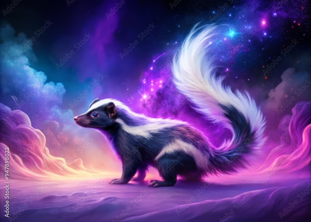 whimsical dramatic low-key graphic illustration blend featuring majestic skunk amidst vibrant neon purple mist abstract curves bold textures whimsy darkness serenity surrealism whimsical dramatic low-key graphic illustration blend featuring majestic skunk amidst vibrant neon purple mist abstract curves bold textures whimsy darkness serenity surrealism