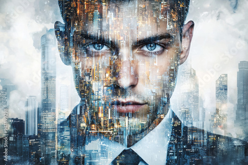 City Reflections in the Eyes of Determination: A digital art portrait of a man with a cityscape embedded in his face, his focused gaze reflecting determination and the resolve of the urban experience. photo