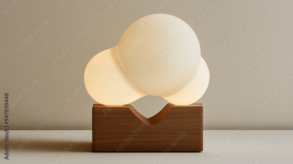 A table lamp with two white glass spheres, resembling an abstract shape on top of the rectangular wooden base. A table lamp with two white glass spheres, resembling an abstract shape on top of the rectangular wooden base.